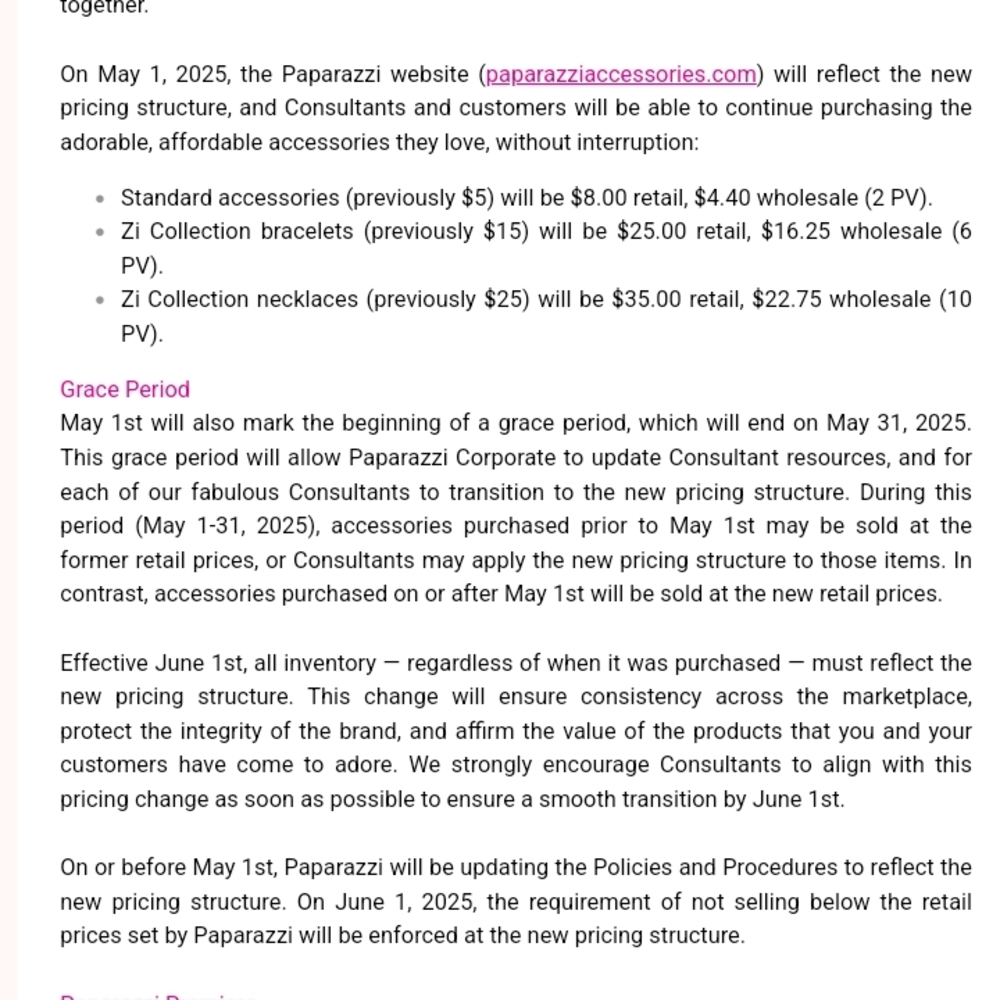 Paparazzi Accessories Pricing Update Document